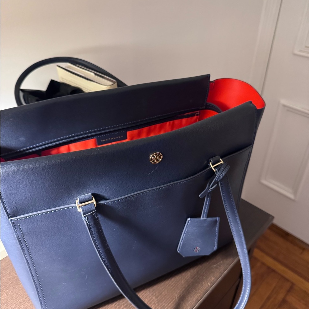Tory Burch - Navy Blue Tote Bag with Red Interior.
